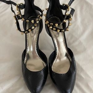 Bebe sexy platform heel with gold studded ankle straps